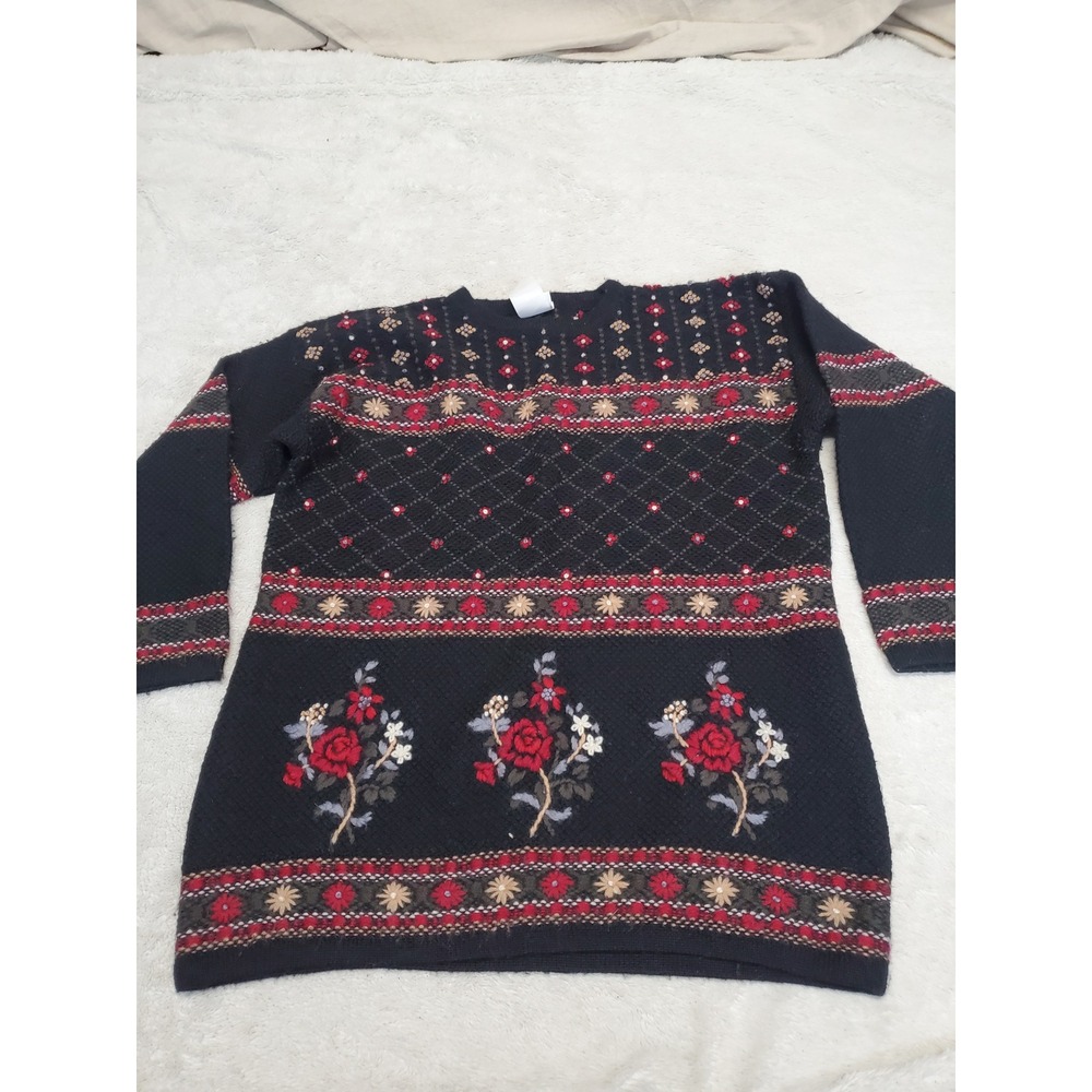 Vintage Laura Ashley Black Rose Floral Embroidery Knit Wool Sweater Medium 1990s